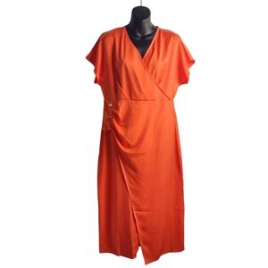 Women's Orange V-Neck Shortsleeve Wrapped Midi Dress Size Large NWT